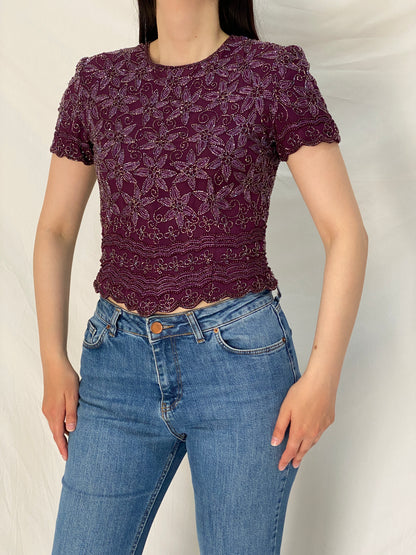 Vintage Adrianna Papell Beaded Silk Top Purple Floral Sequin Mesh Y2K Evening Party Top - S