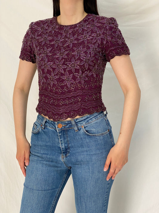 Vintage Adrianna Papell Beaded Silk Top Purple Floral Sequin Mesh Y2K Evening Party Top - S