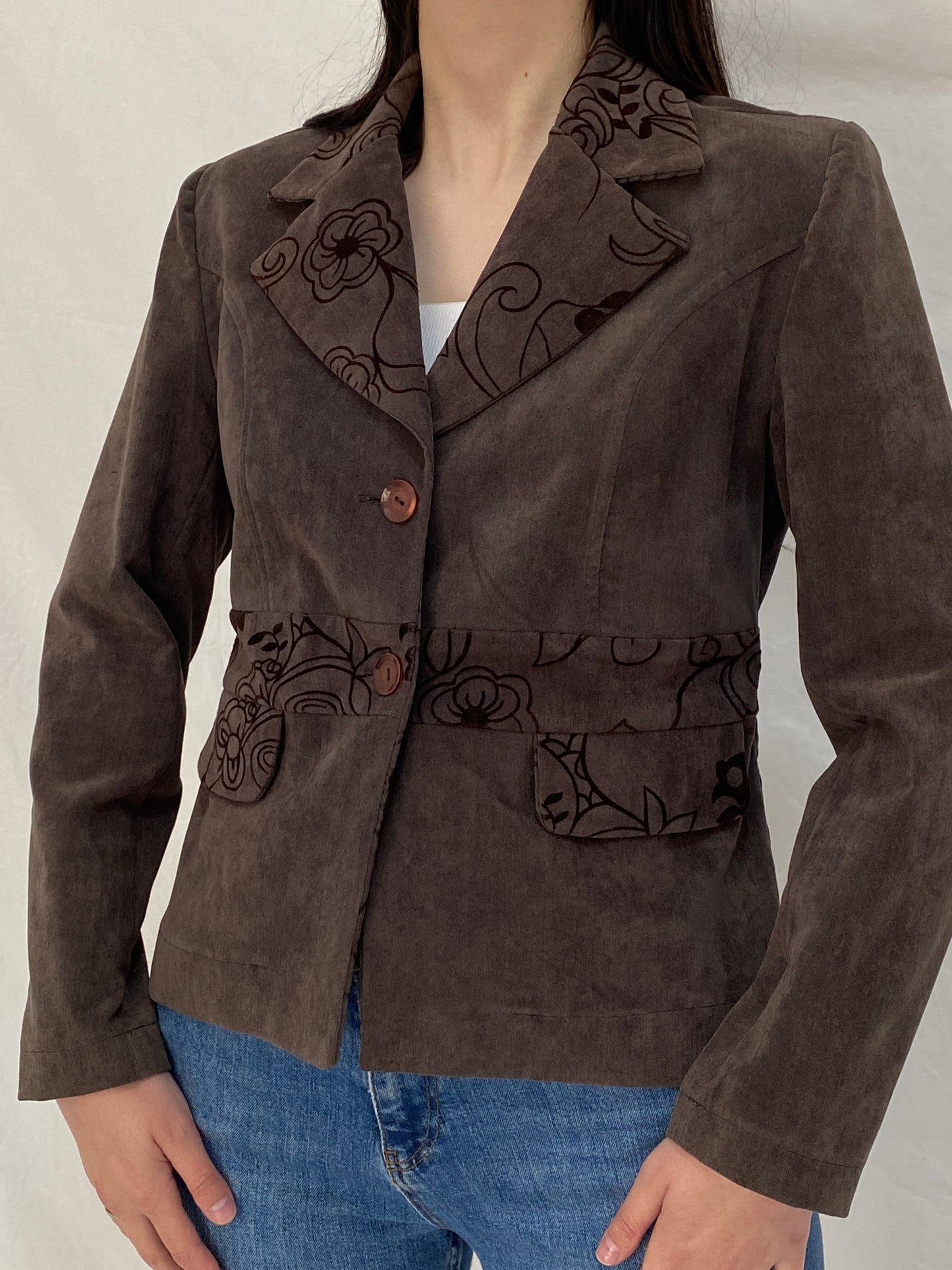 Vintage 90s Brown Textured Floral Blazer Jacket - M
