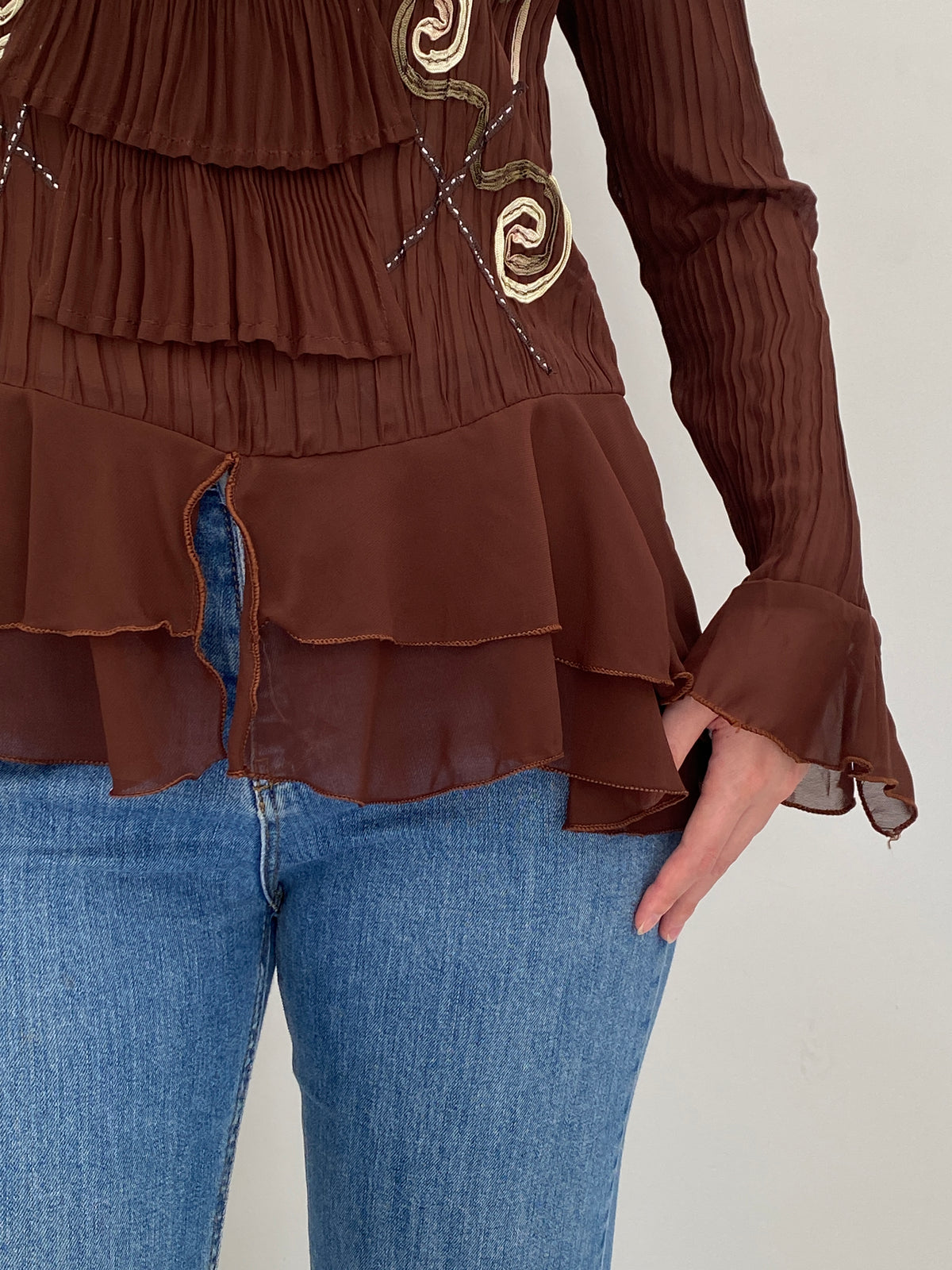 Vintage Whimsy Brown Sheer Pleated Embroidered Ruffle Top – L