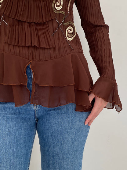Vintage Whimsy Brown Sheer Pleated Embroidered Ruffle Top – L