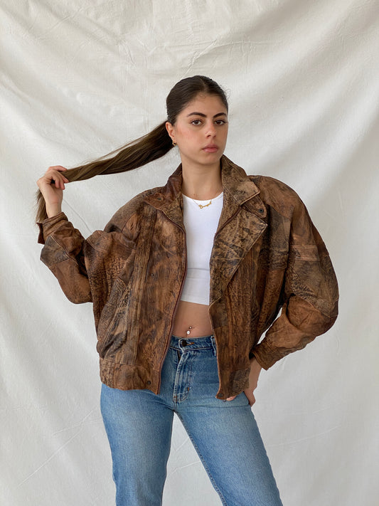 Statement Vintage 90s Distressed Brown Bomber Leather Jacket - L