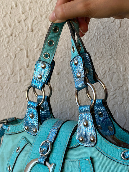 Vintage Y2K Guess Turquoise Satchel Bag with Logo G Hardware & Studded Trim Purse