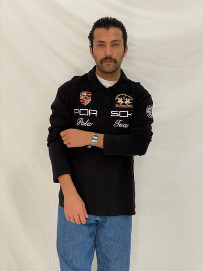 Vintage La Martina Porsche Team Rugby Polo Black Embroidered Long Sleeve Racing Shirt - L