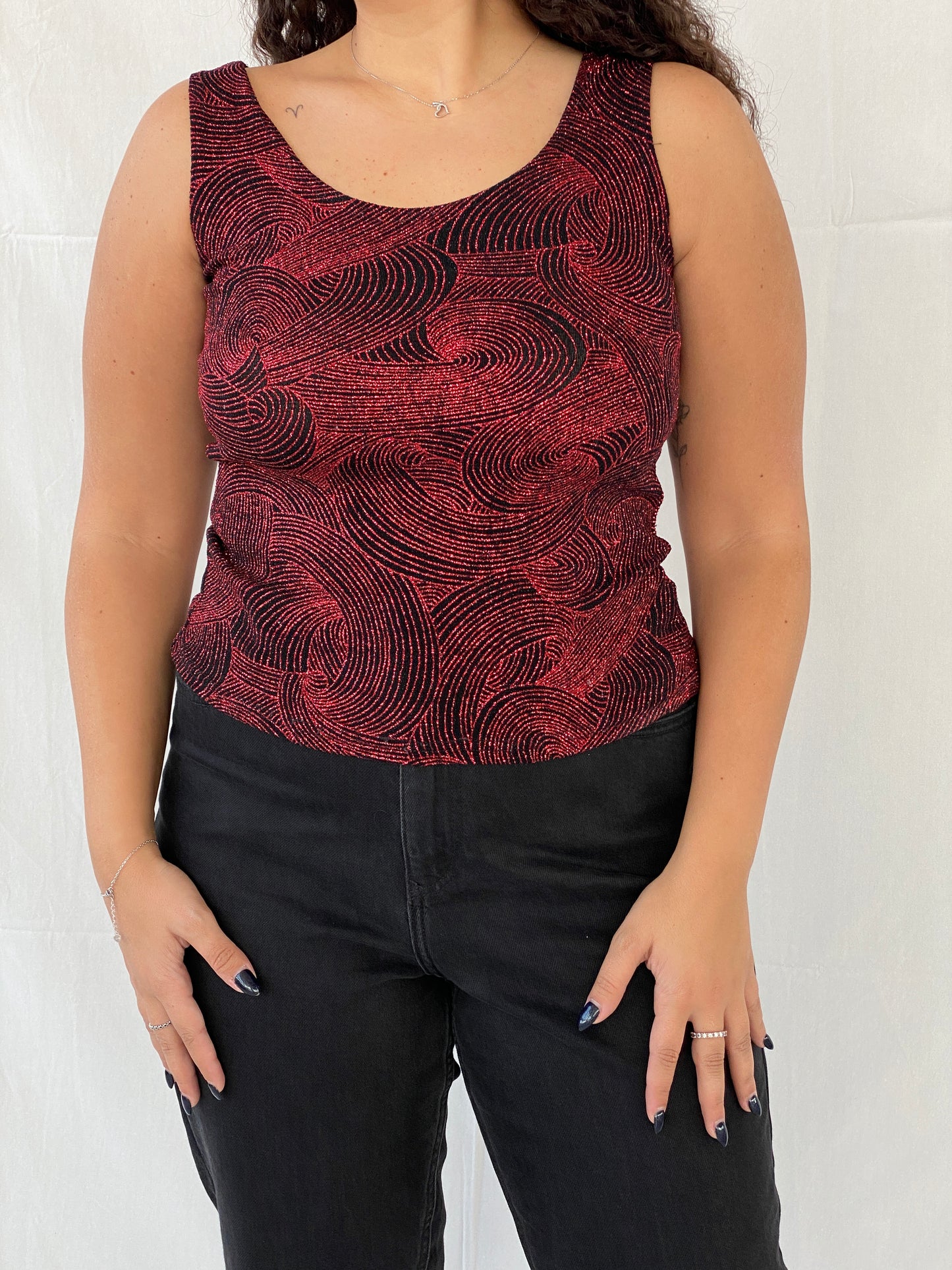 Vintage ONYX Nite Shimmery Red Groovy Sleeveless Party Top - M