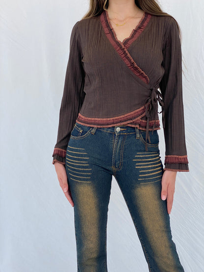 Vintage Femmes Je Vous Aime Brown Wrap Top - M