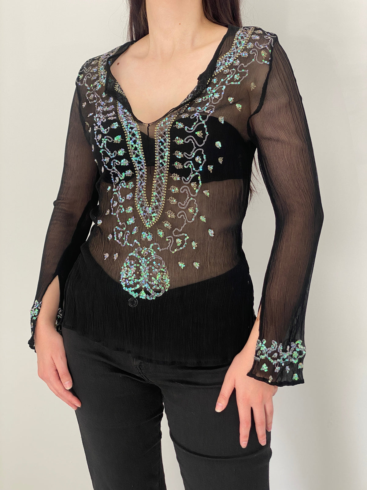 Vintage Venus Black Silk Sheer Sequin Embroidered Blouse – S