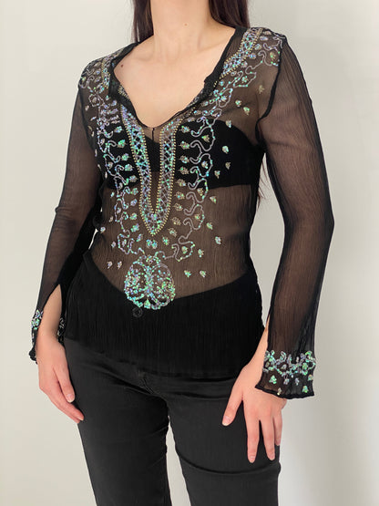 Vintage Venus Black Silk Sheer Sequin Embroidered Blouse – S
