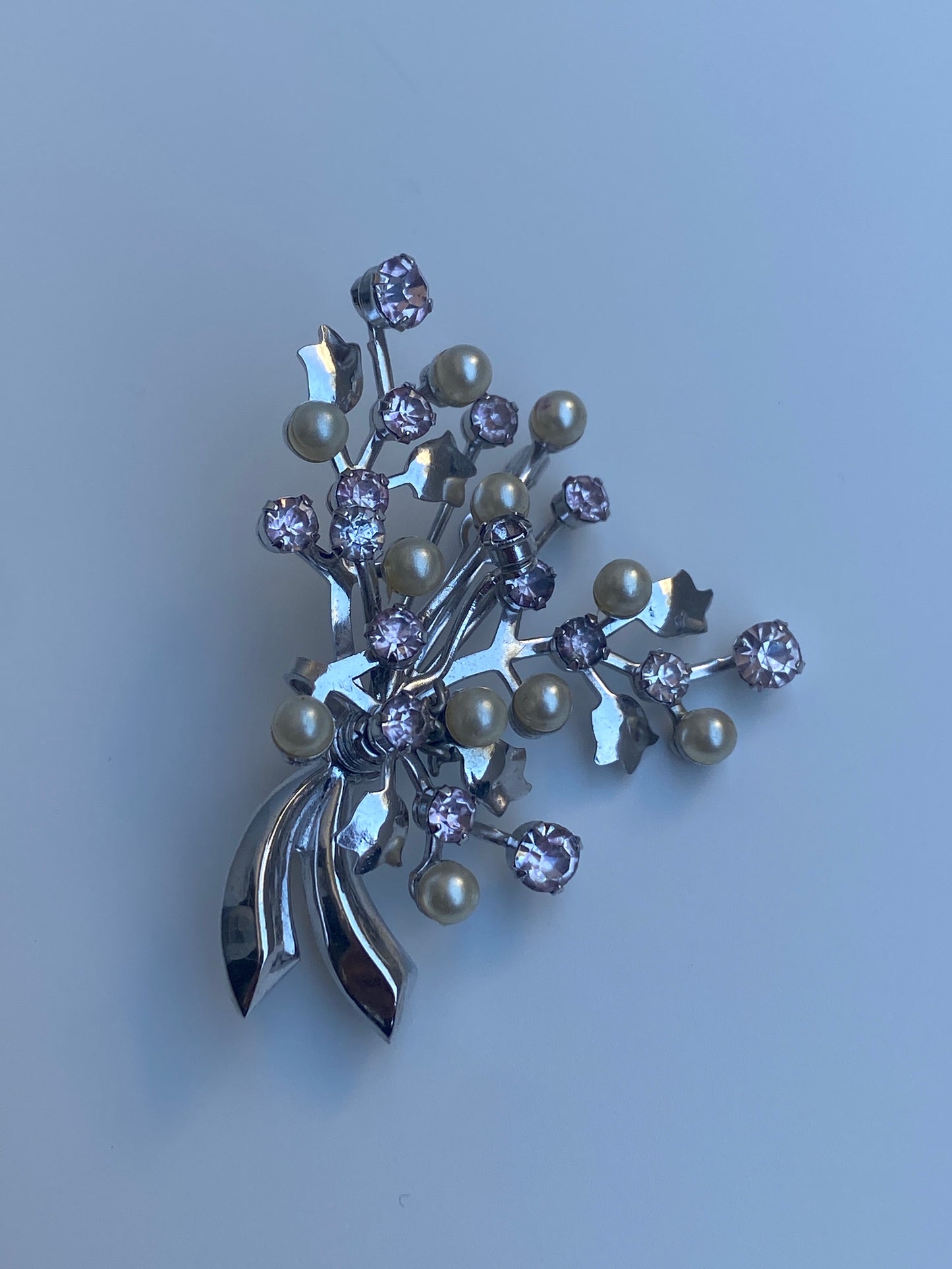 Vintage Silver-Tone Pink Rhinestone & Faux Pearl Floral Spray Brooch