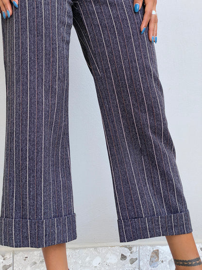 Vintage Y2K Grey Pinstripe Cropped Wide Leg Trousers Low Rise Office Siren Pants - S
