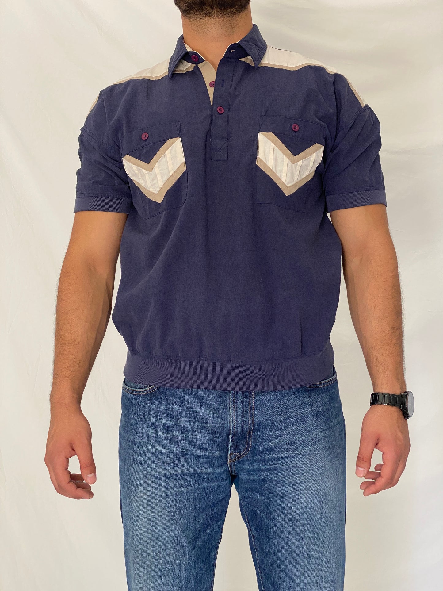 Vintage Alexxus Exclusive Navy Colorblock Banded Polo Top - L