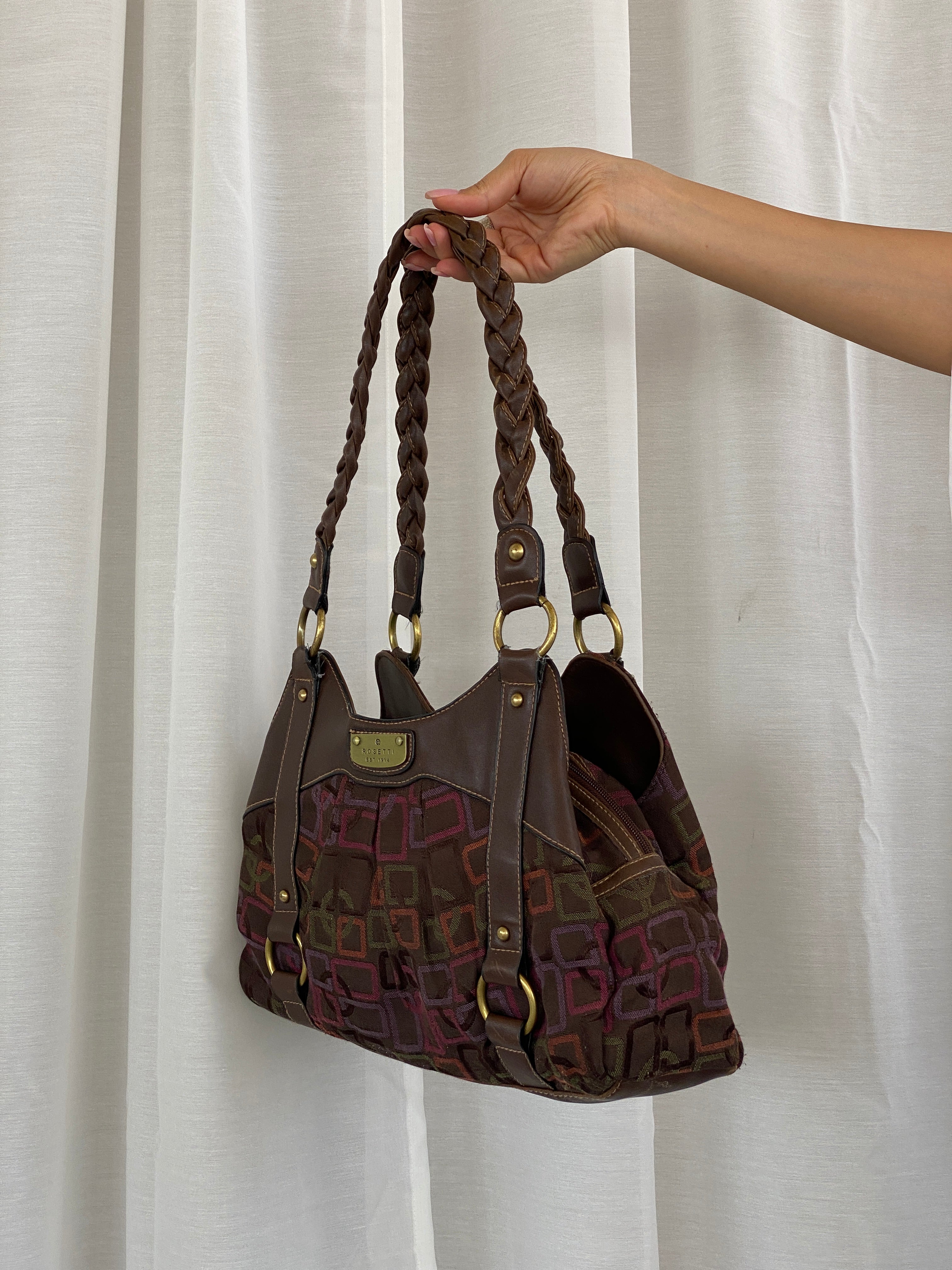 Y2K Rosetti Brown Multicolored Geometric Pattern Shoulder Bag With Braided Vinyl Handles