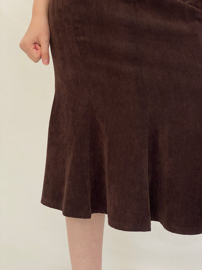 Vintage Late 90s Armani Brown Wool Corduroy A-Line Midi Skirt - L
