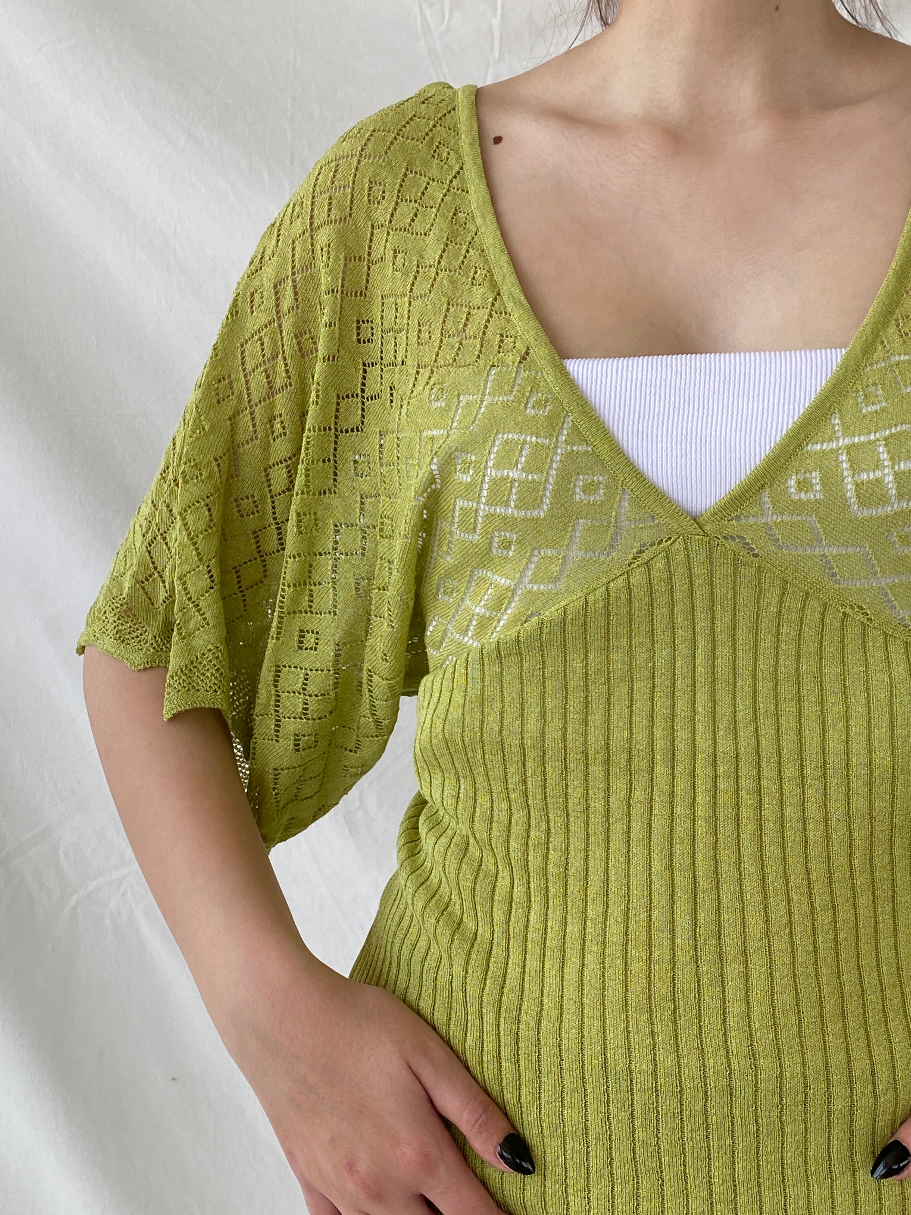 Y2K C.C.S Sarar Knitted See Through Green V-Neck Blouse - L