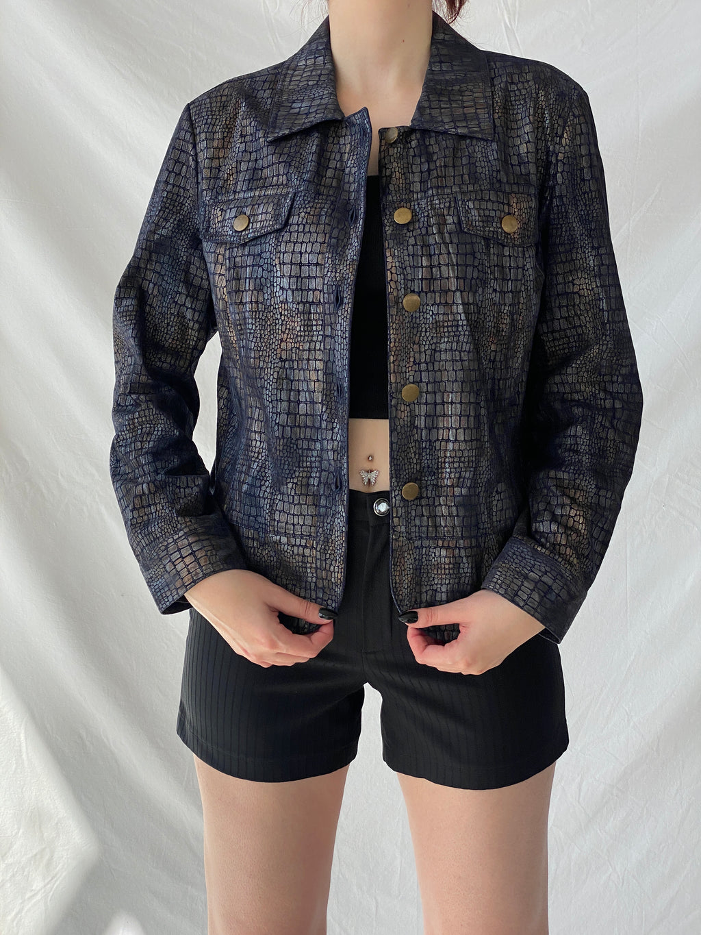 Vintage Bamboo Traders Petite Metallic Denim Snake Print Women’s Buttoned Blazer Jacket - L