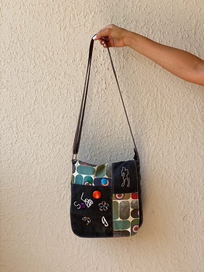 Y2K Cessaci Patchwork Denim Crossbody Bag with Embroidered Details