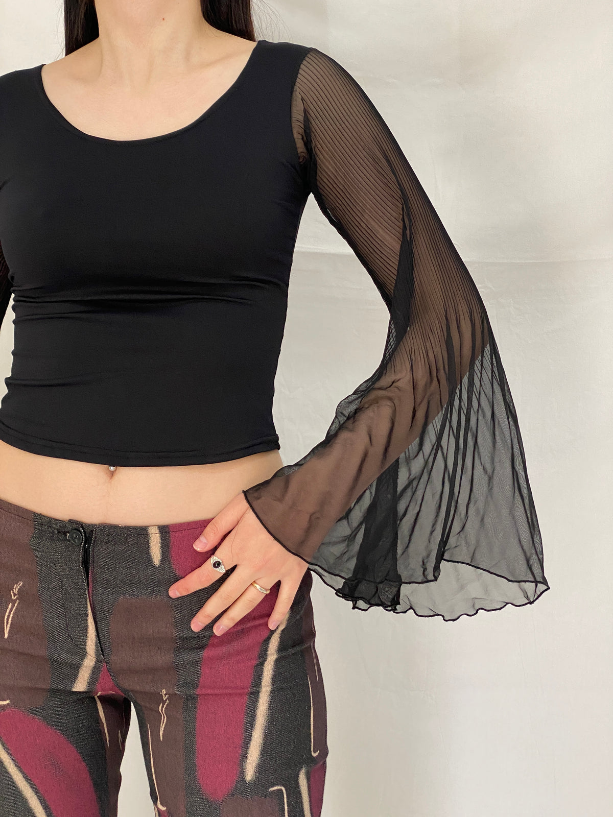 Vintage Y2K Xanaka Black Sheer Bell Long Sleeve Whimsy Goth Top – S Vintage Y2K Xanaka Black Sheer Bell Long Sleeve Whimsy Goth Top – S