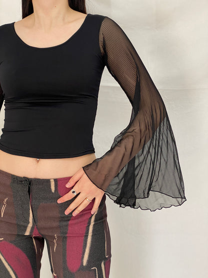 Vintage Y2K Xanaka Black Sheer Bell Long Sleeve Whimsy Goth Top – S