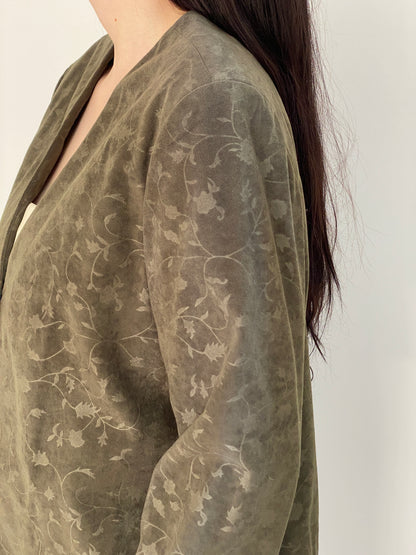 Vintage 90s Handmade Olive Green Floral Jacquard Single Button Blazer – L