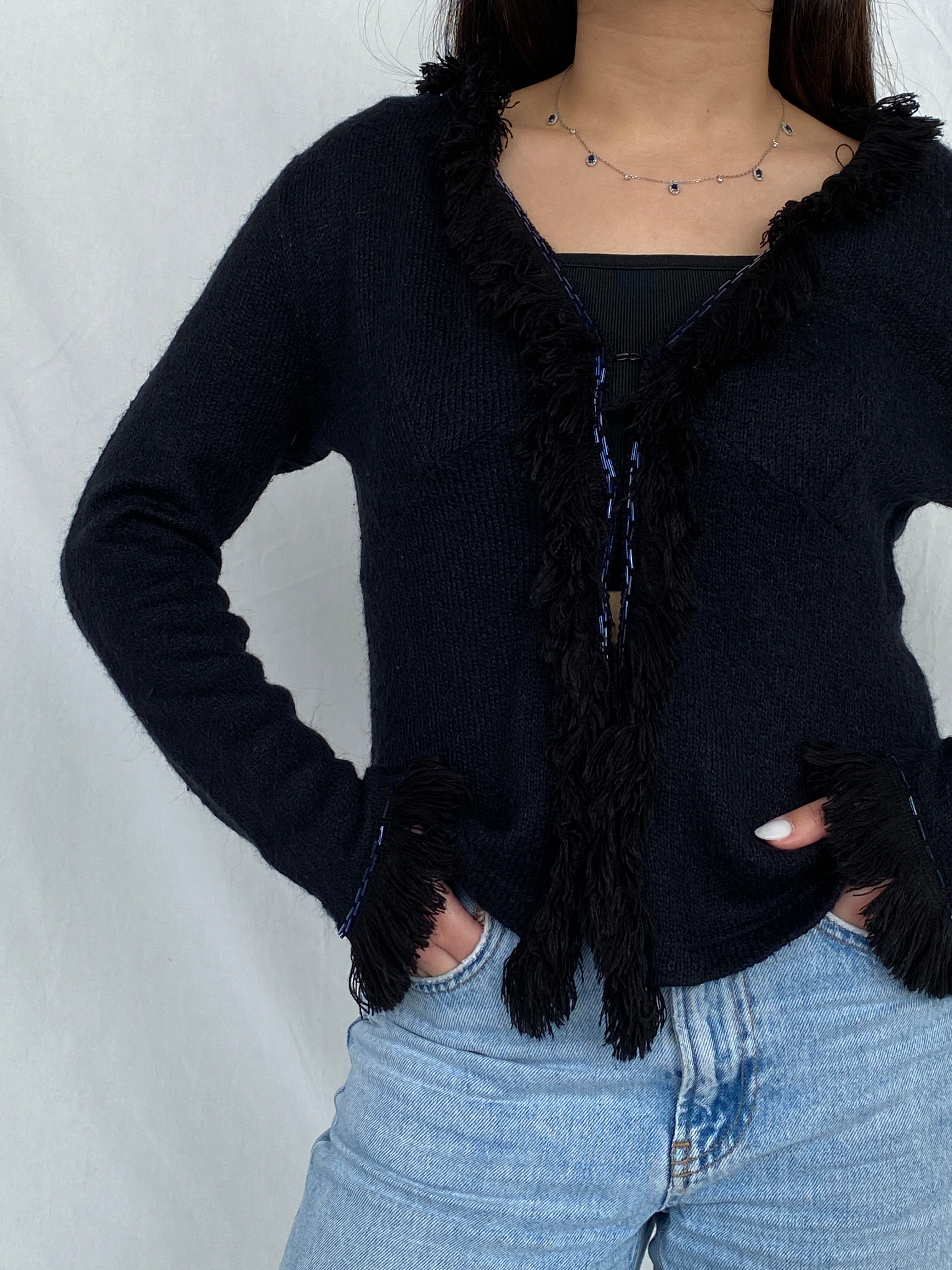 Vintage STENIA Sport Black Knit Beaded Cardigan with Fringed Collar - L