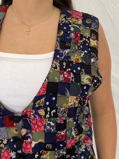 Vintage 90s Soul Mate’s Patchwork Tie-Back Vest Multicolor Boho Art Wear - L