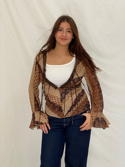 Y2K Vero Moda Brown Paisley Bell Sleeve Tie-Front Deep V-Neck Top - S