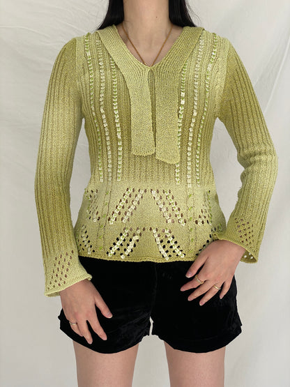 Vintage Y2K Motif Knitted Beaded Full Sleeve Top in Pistachio Green - M