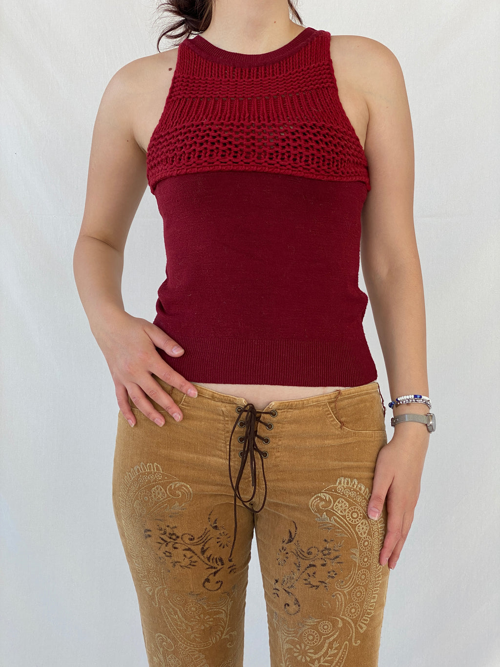 Vintage Exit Woman Wool Blend Red Crochet Sleeveless Top - M