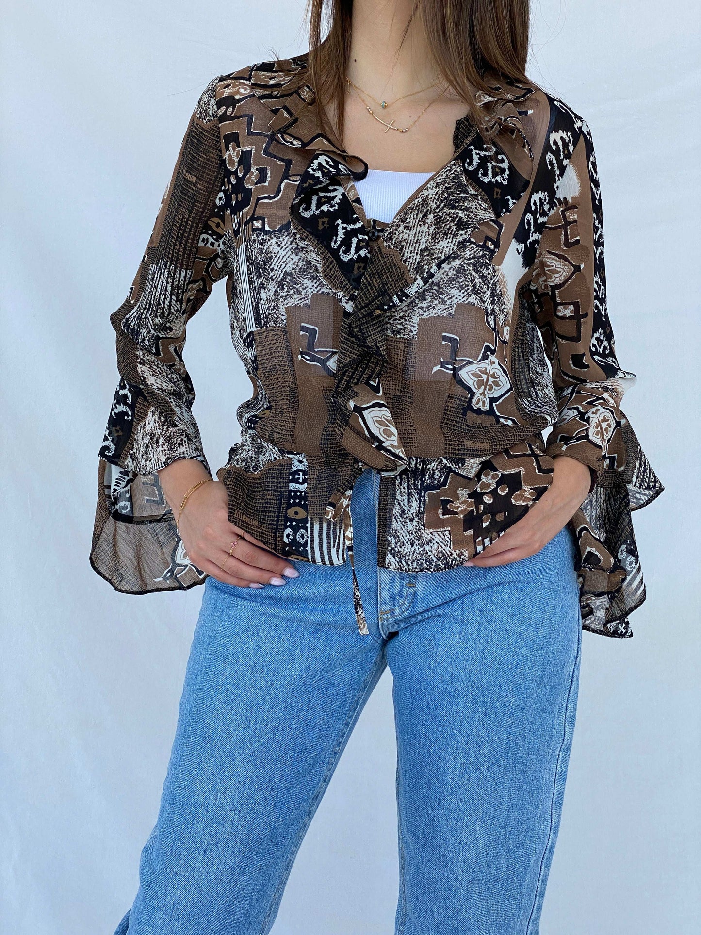 Vintage Sheer Boho Print Brown Cardigan Top - Size M - Balagan Vintage Cardigan 90s, cardigan, Juana, NEW IN, sheer, sheer shirt