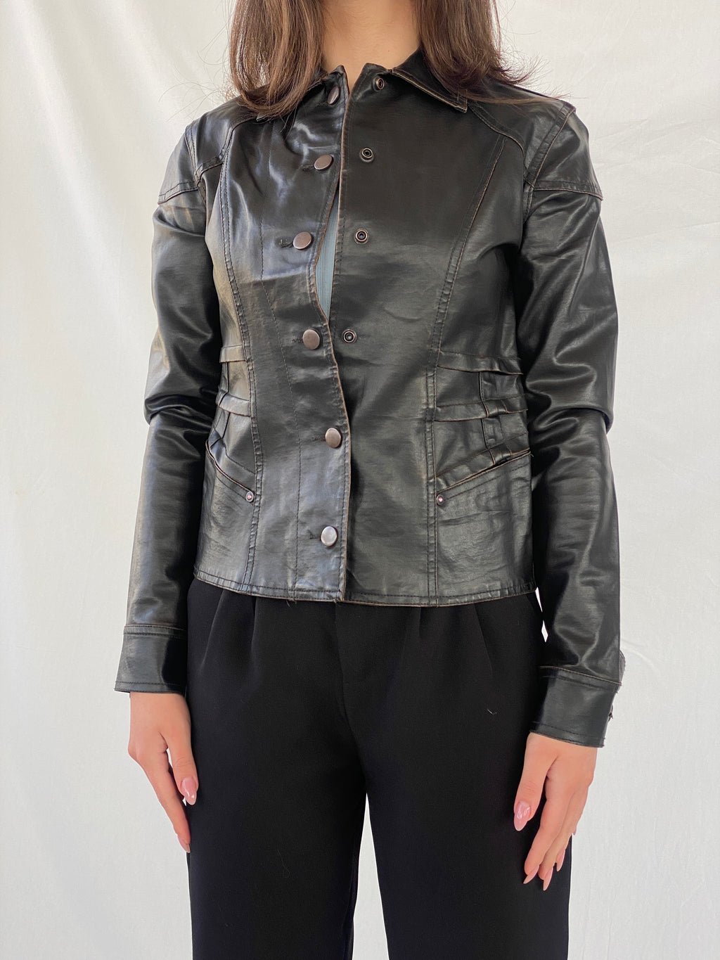 Vintage Distressed Black Structured Leather Clip Up Jacket - XS