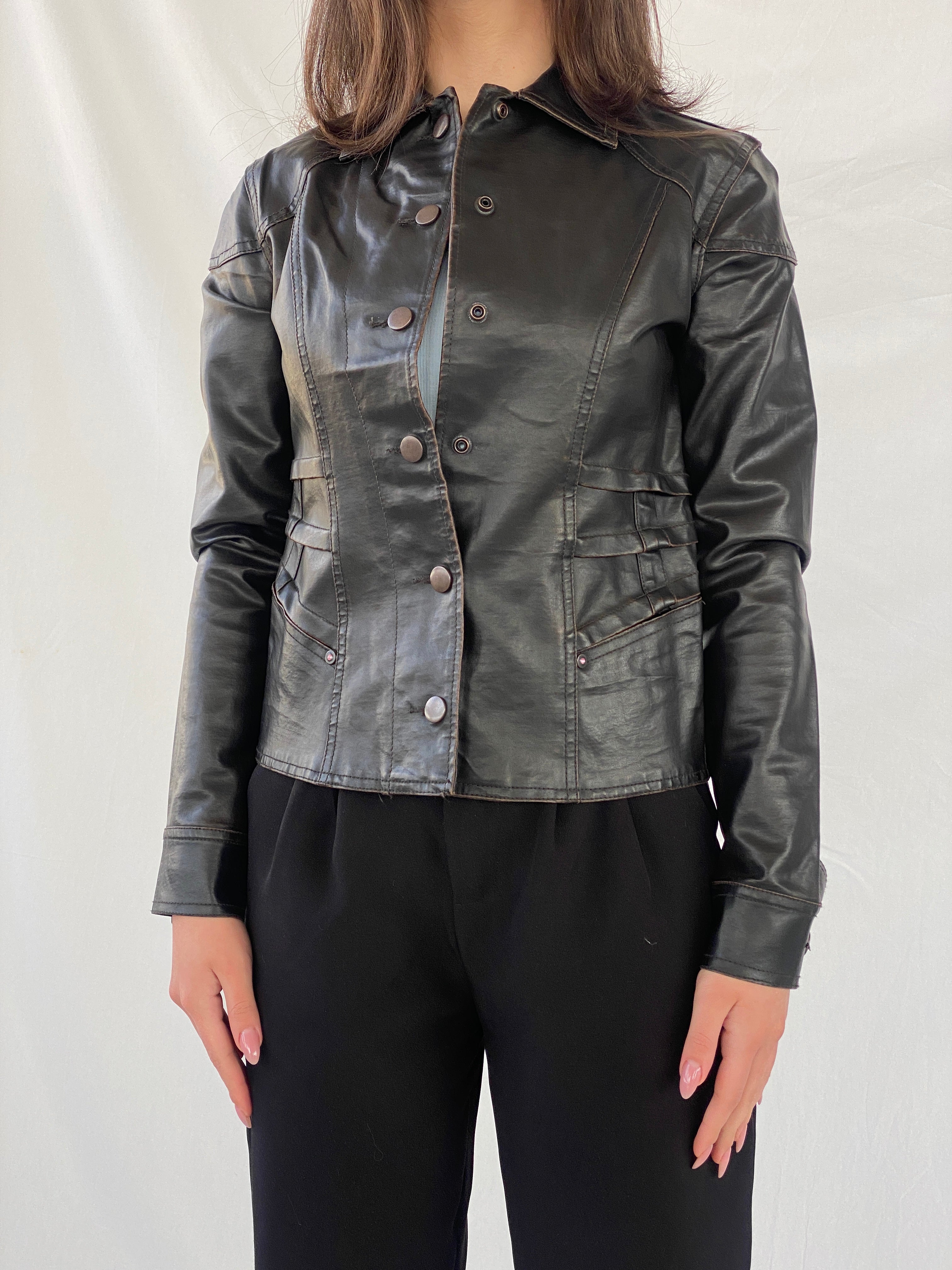 Vintage Distressed Black Structured Leather Clip Up Jacket - XS