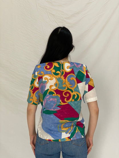 Vintage 90s Philippe Marques Abstract Print Structured Shoulder Short Sleeve Top - M