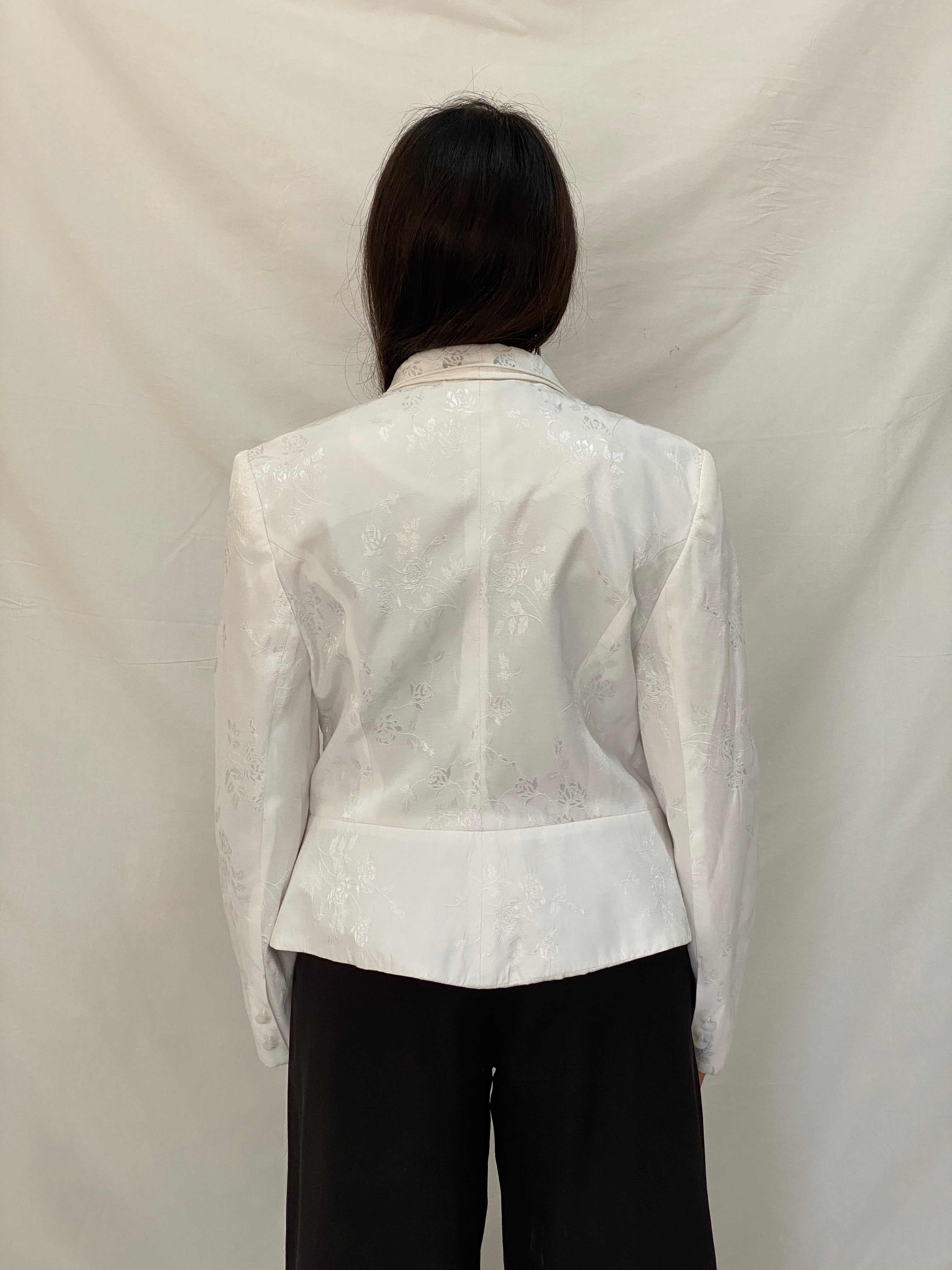 Vintage Allíson-ché Paris White Floral Satin Blazer Bridalcore Statement Jacket - L
