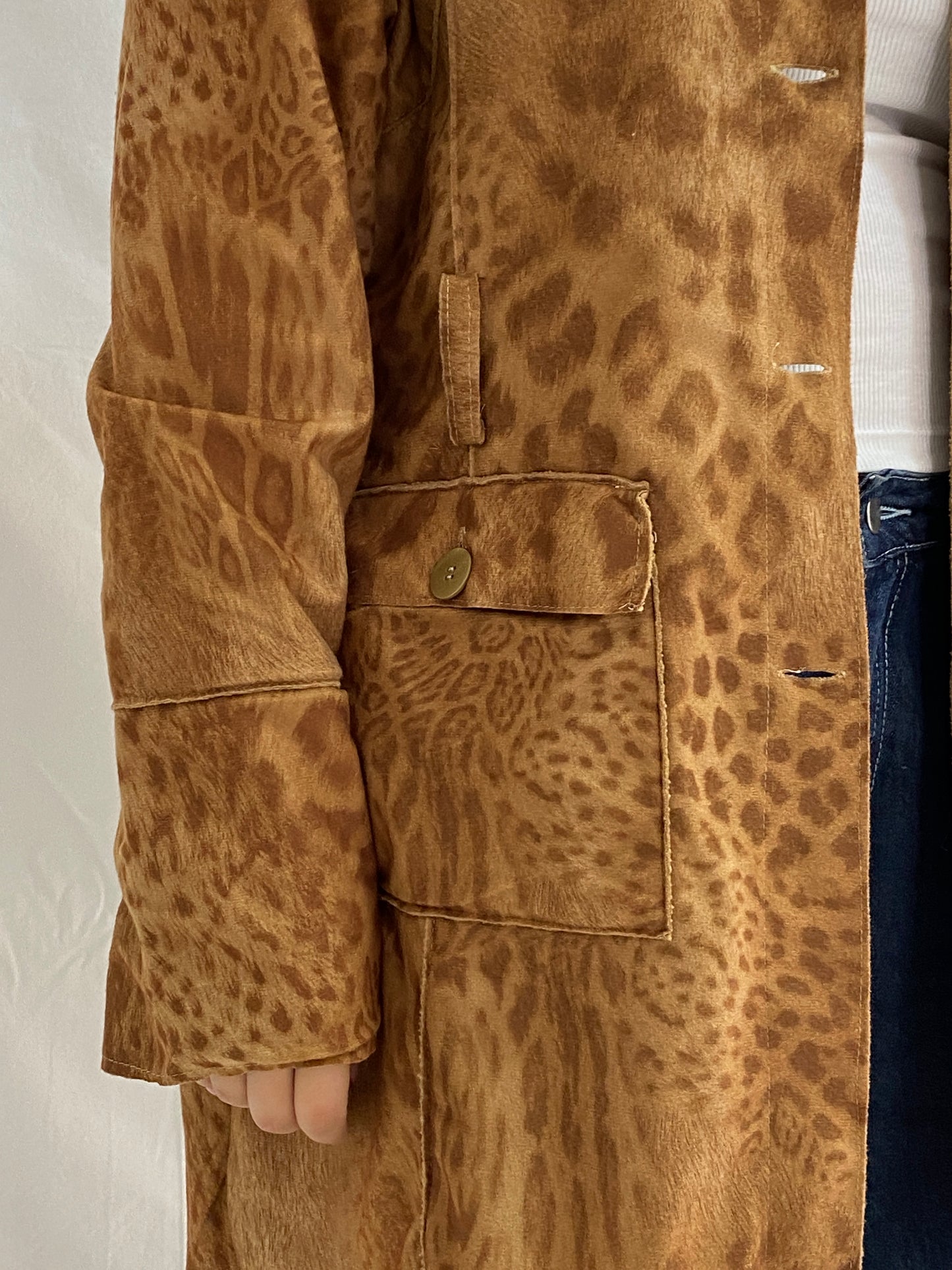 Vintage JIA YAO Leopard Print Faux Suede Longline Light Coat Button-Up Jacket – XL