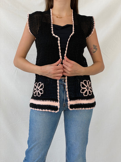 Vintage Handmade Black Knitted Crochet Vest with Pink Details - L