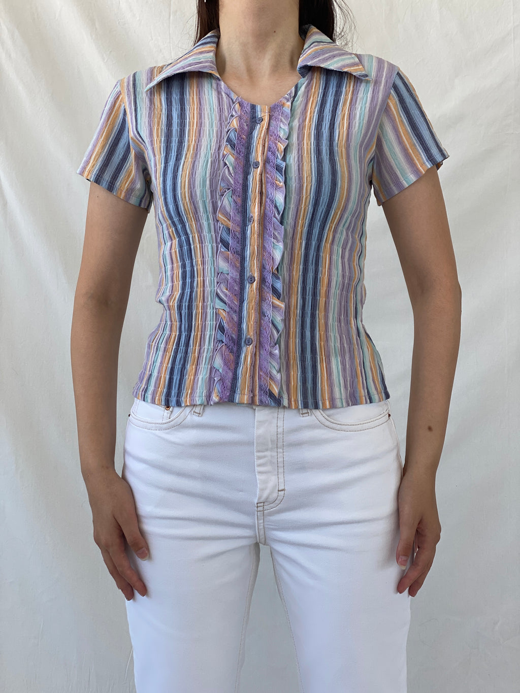 Y2K Pastel Purple Blue Striped Cut Out Back Scrunch Short Sleeve Shirt- M