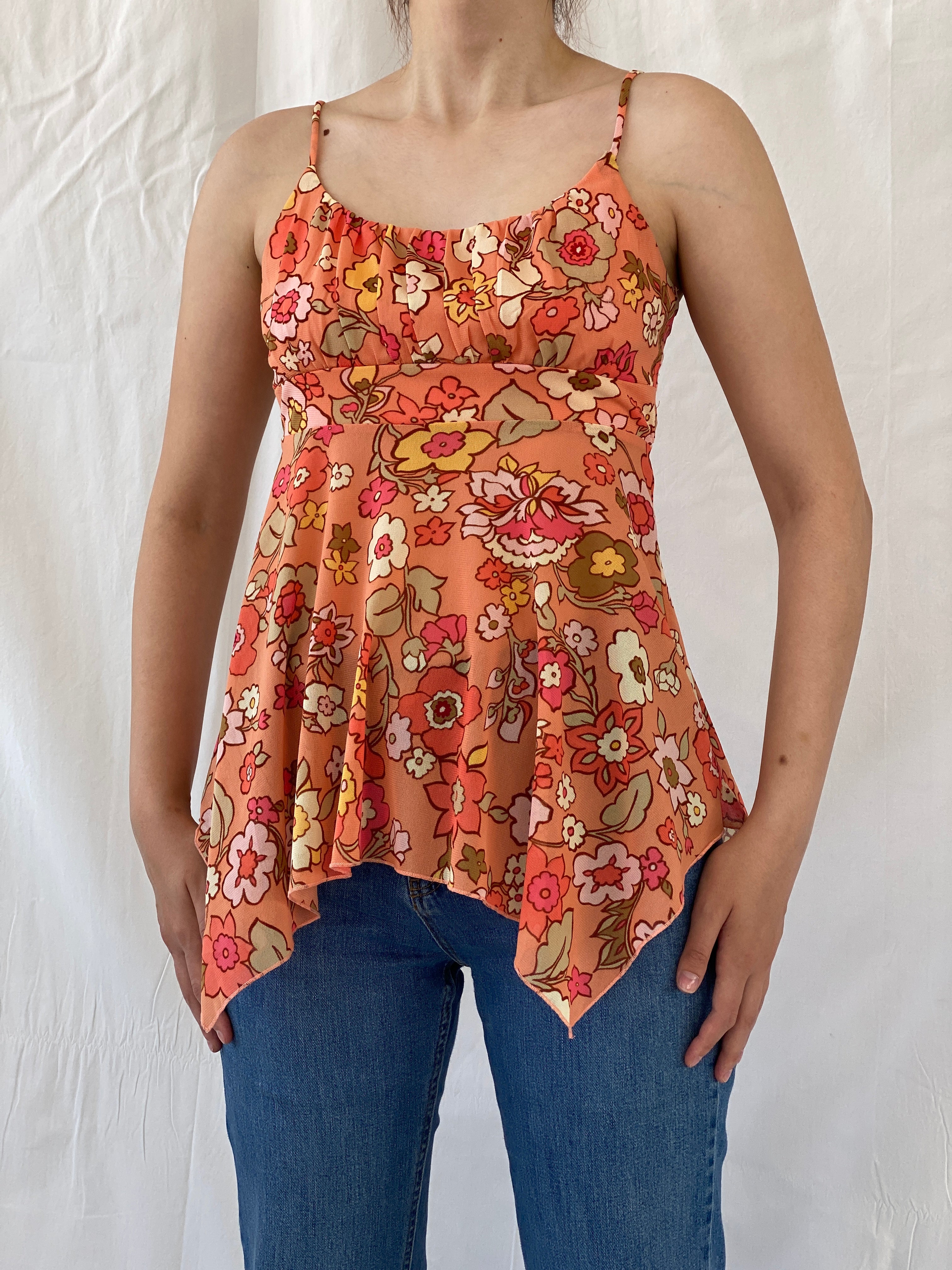 Cutest Y2K Self Esteem Peach Floral Fairy Asymmetric Cami Top - M
