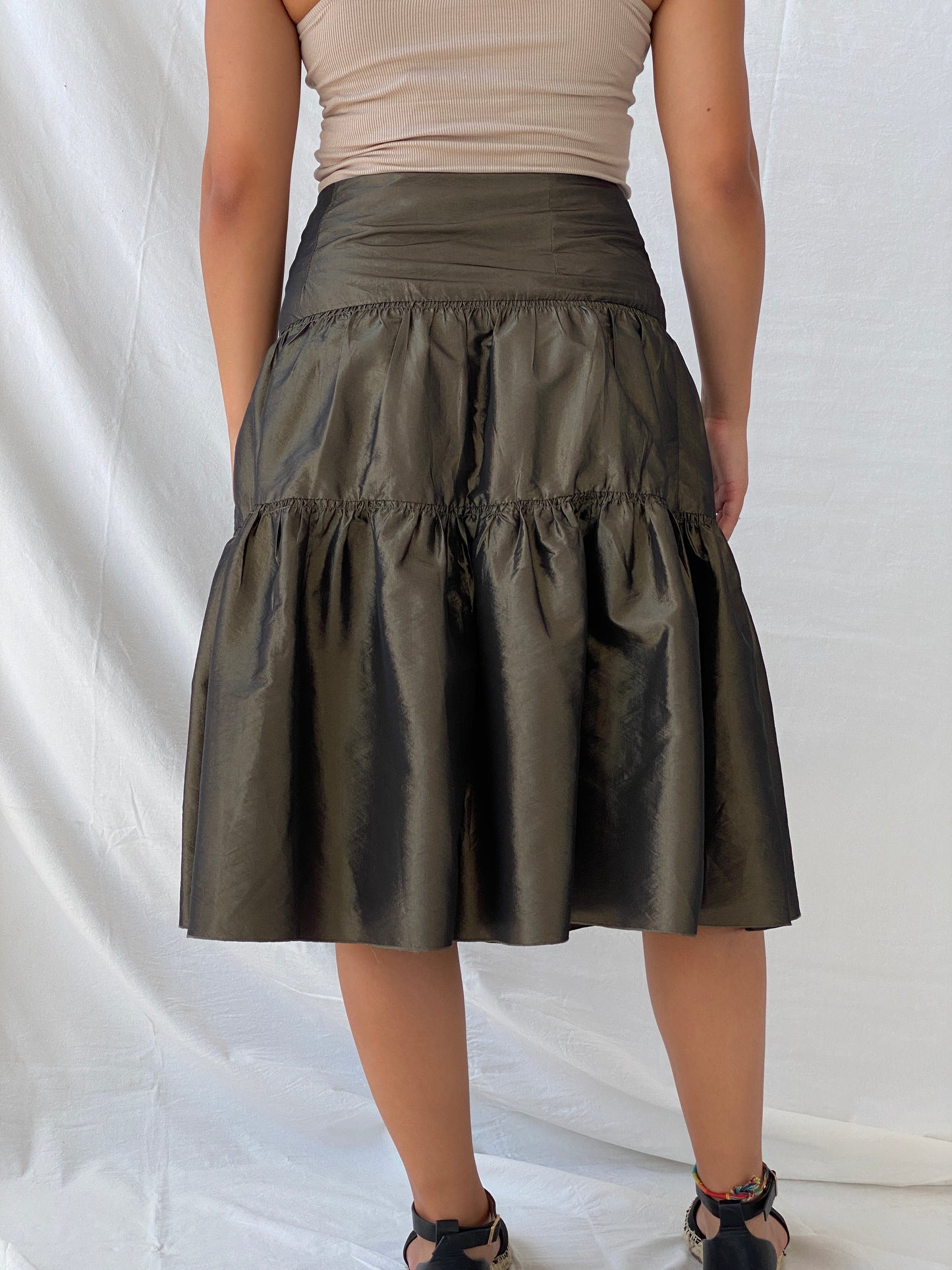 90e Morgan De Toi Metallic Olive Green Tiered Midi Skirt - M