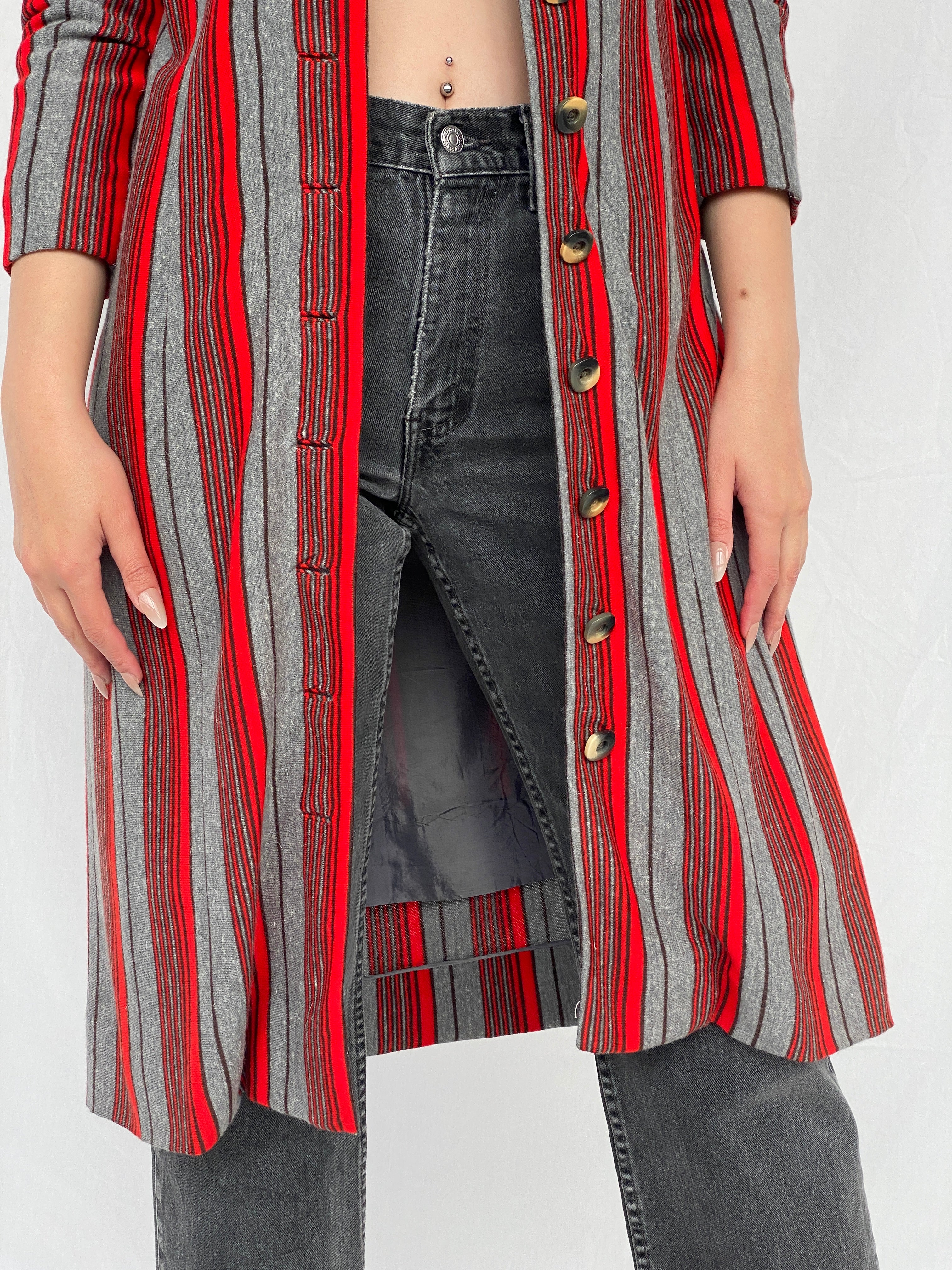 Y2K Red & Gray Striped Long Blazer - M