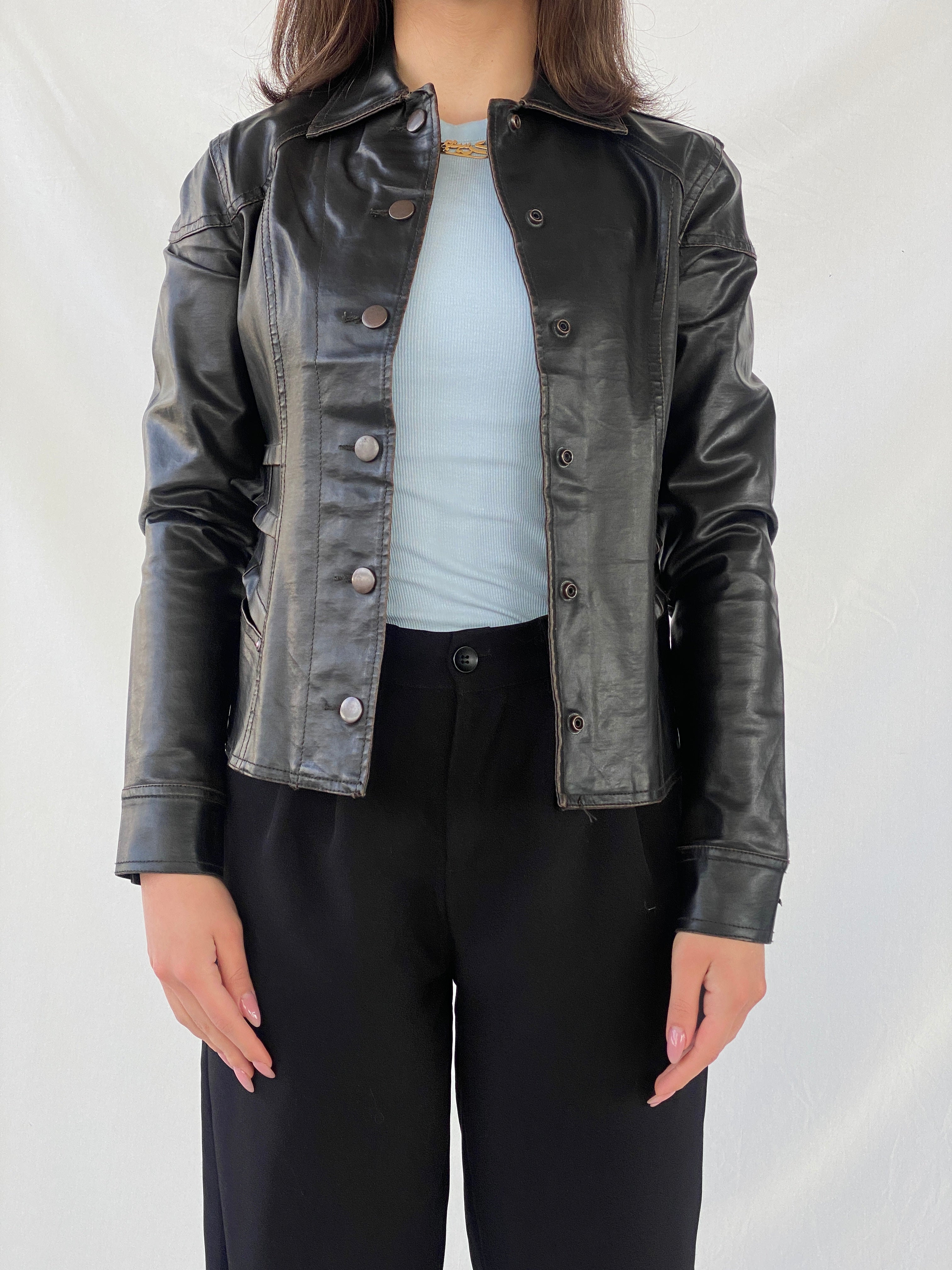 Vintage Distressed Black Structured Leather Clip Up Jacket - XS