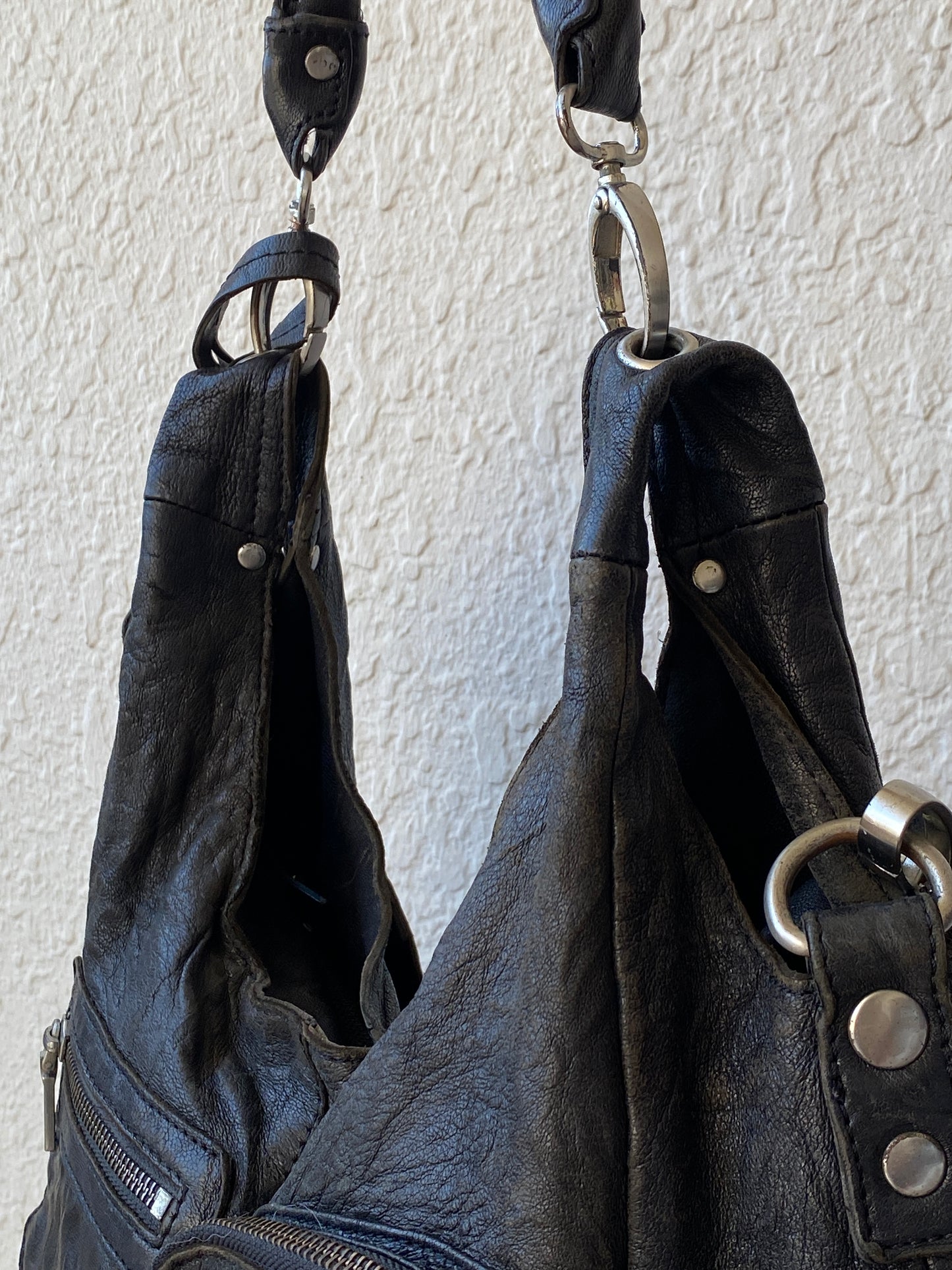 Liebeskind Berlin Distressed Black Leather Multi-Pocket Hobo Bag