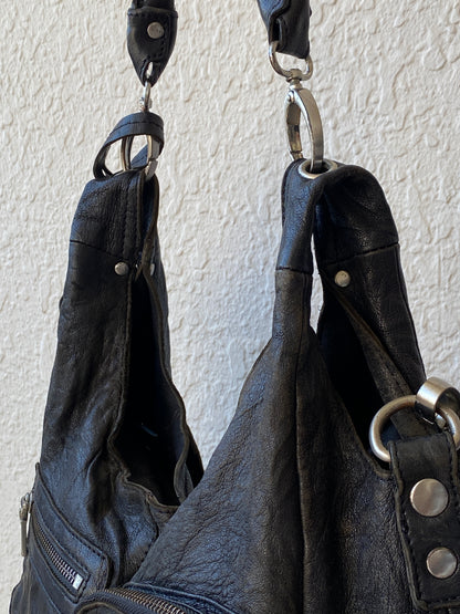 Liebeskind Berlin Distressed Black Leather Multi-Pocket Hobo Bag