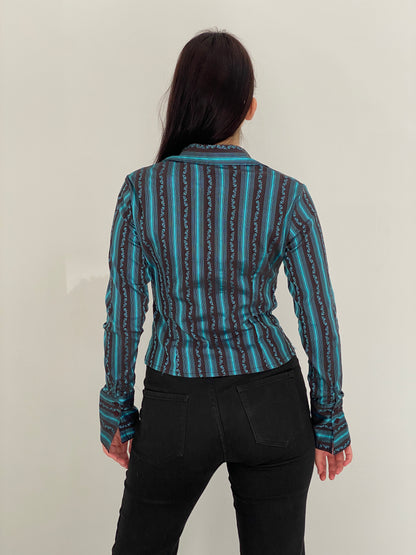 Vintage Y2K Style Turquoise & Brown Striped Fitted Button-Up Shirt - M