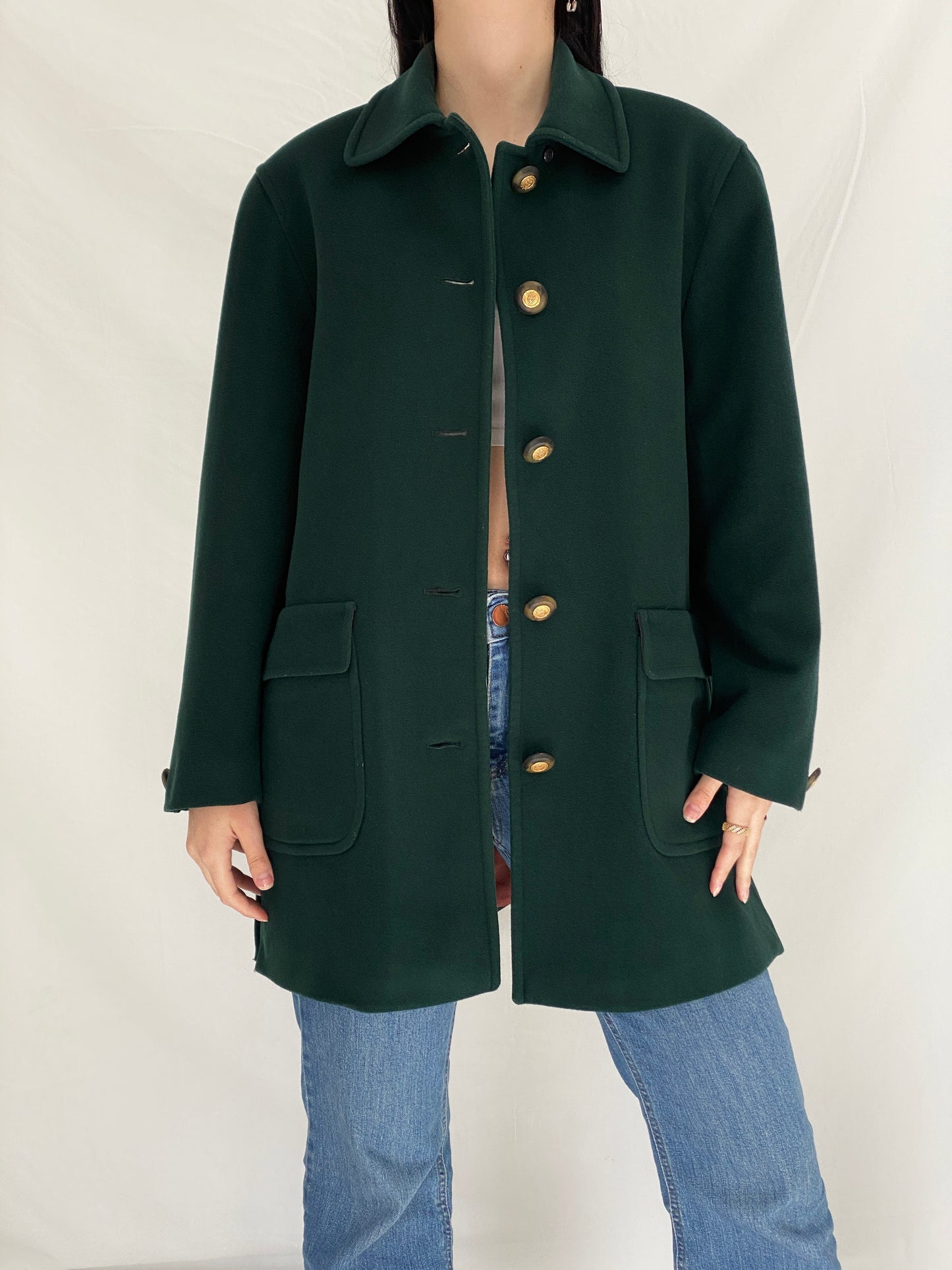 Vintage Viyella Green Wool Coat 90s Classic Tailored Wool Jacket, Minimalist Heritage Coat - L