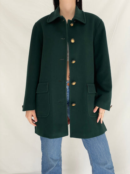 Vintage Viyella Green Wool Coat 90s Classic Tailored Wool Jacket, Minimalist Heritage Coat - L