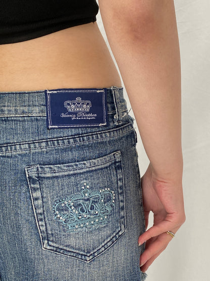 Y2K Rock & Republic Victoria Beckham Low Rise Denim Mini Skirt with Embroidered Crown - M