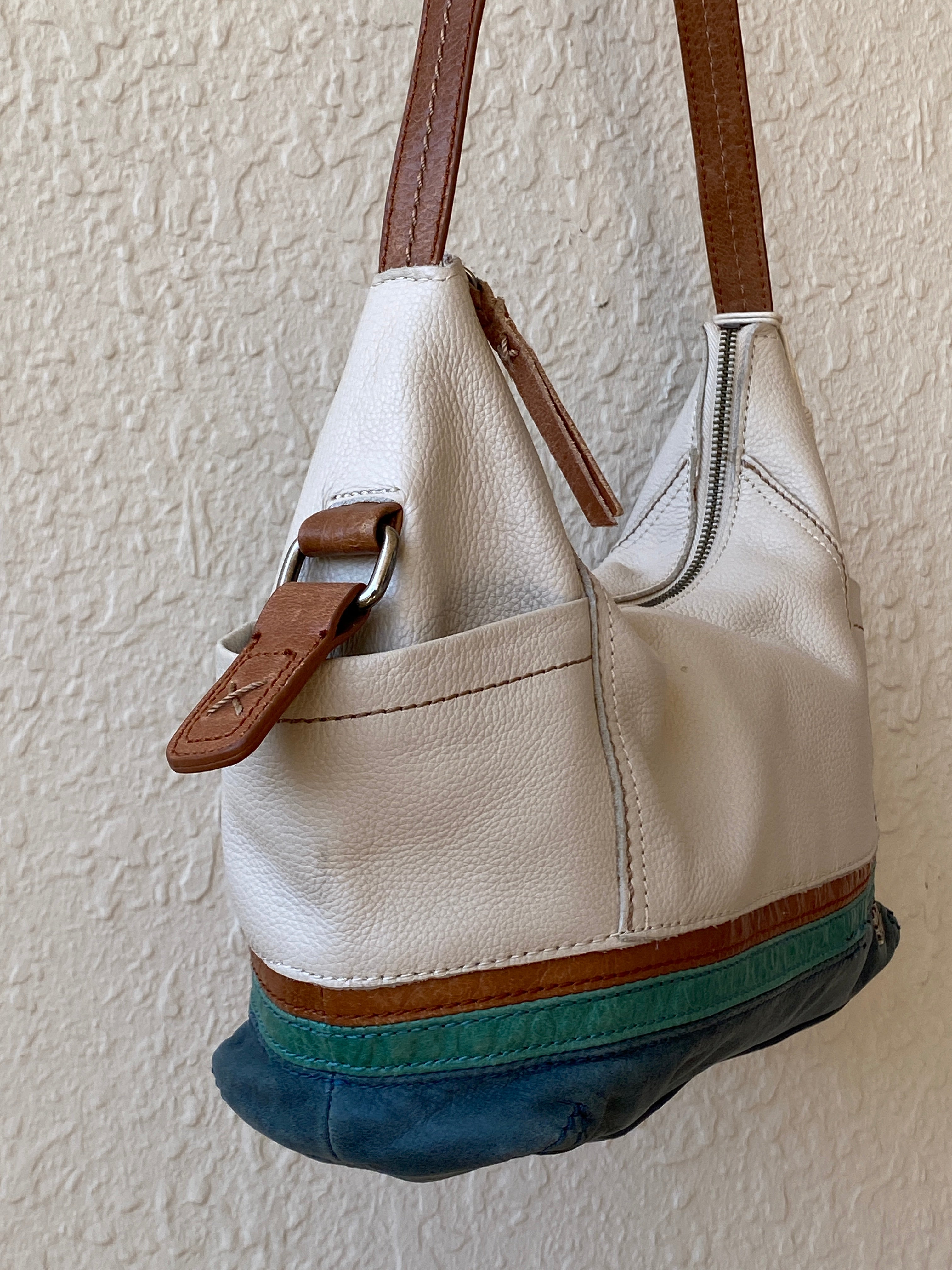 The Sak Genuine Leather Shoulder Bag – White & Green Colorblock Purse Hobo Tote