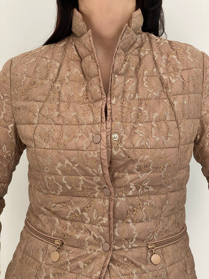 Y2K By Secret Beige Floral Lace Quilted Puffer Jacket – S