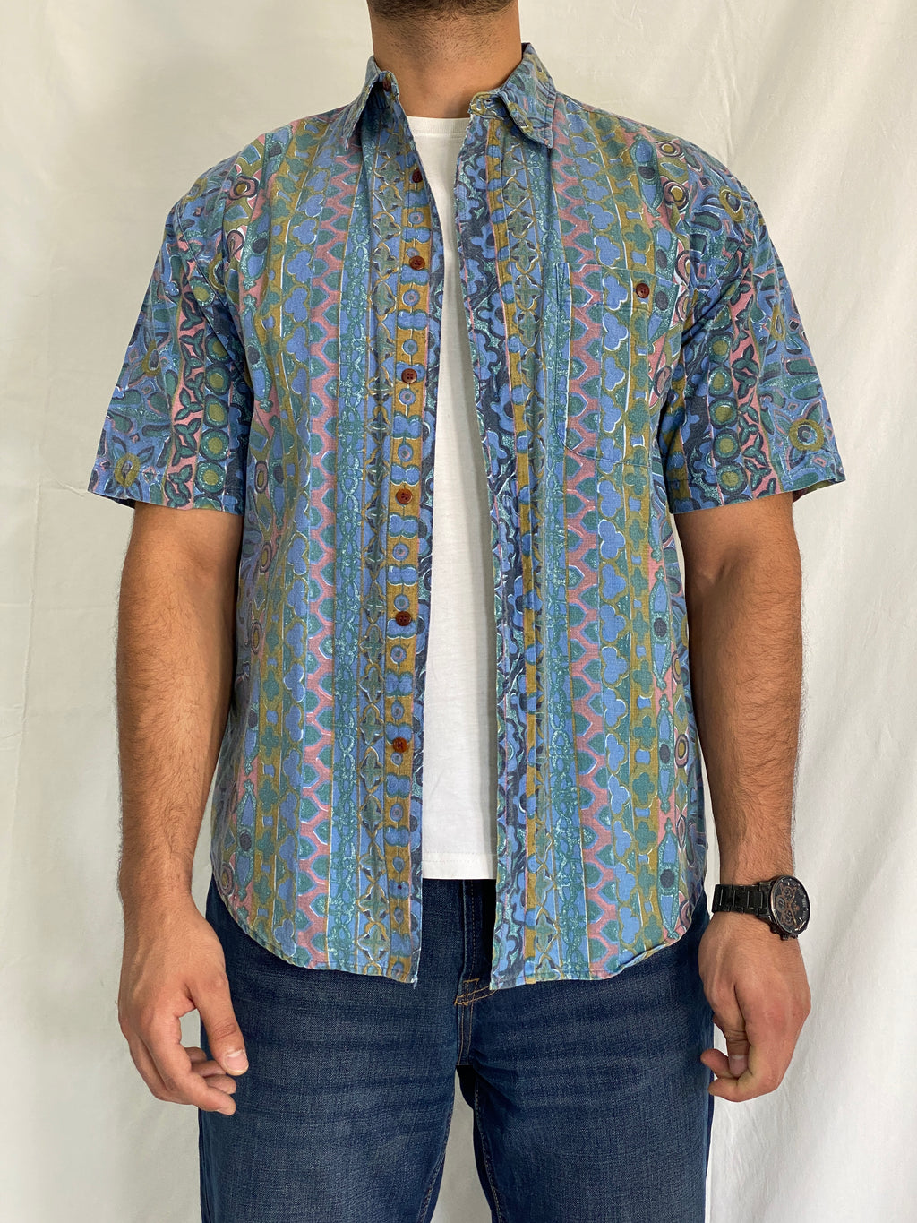 Vintage BADGE Short Sleeve Cotton Shirt Blue Geometric Print - M