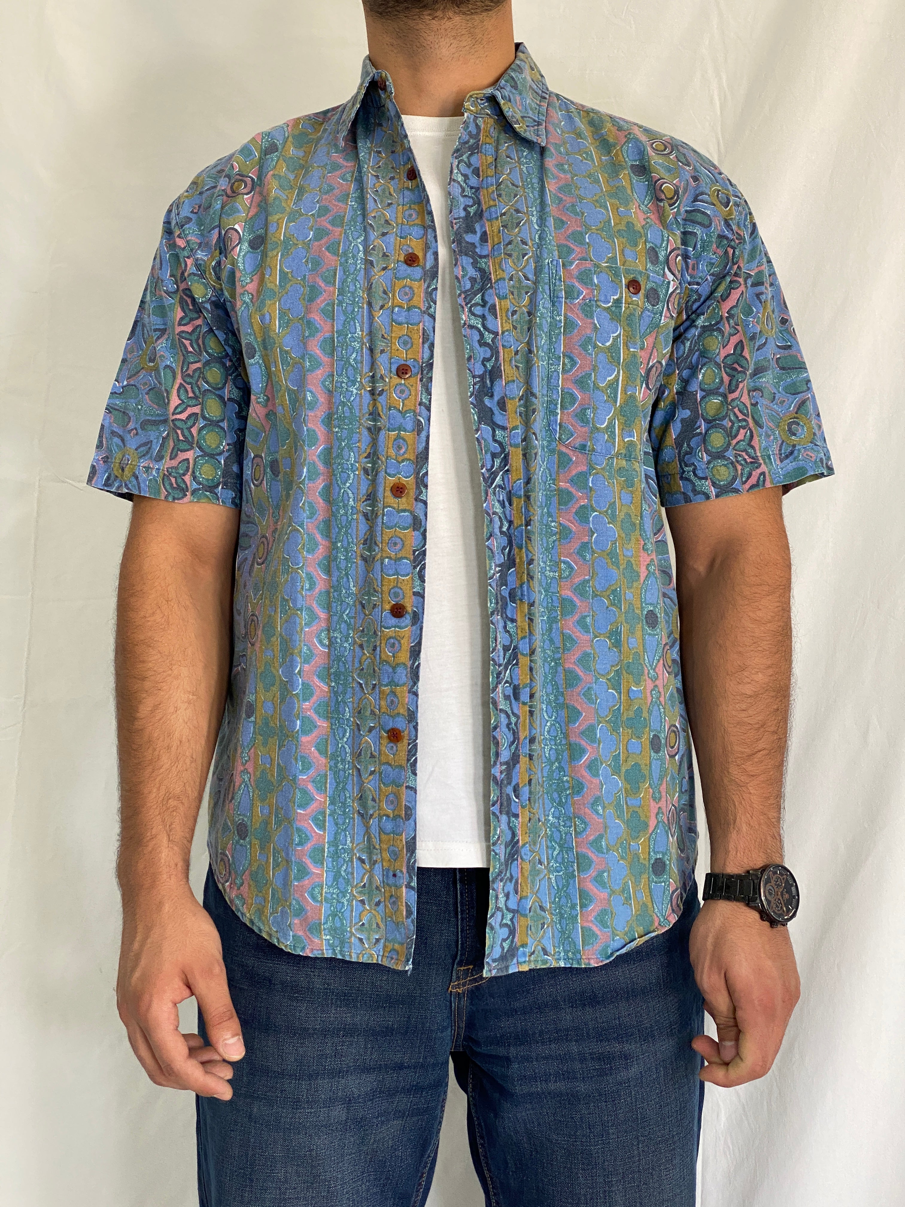 Vintage BADGE Short Sleeve Cotton Shirt Blue Geometric Print - M